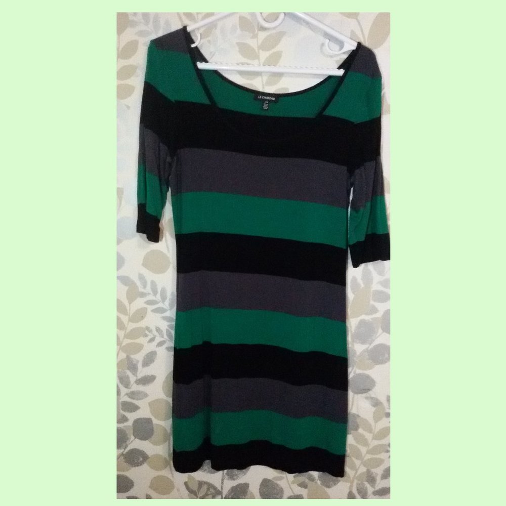 le chateau Green Grey Black Stripes Blouse Sz M/L